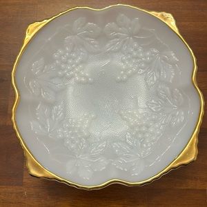 Vintage Anchor Hocking  White Milk Glass Bowl Grape Leaf Footed Gilded Edge
